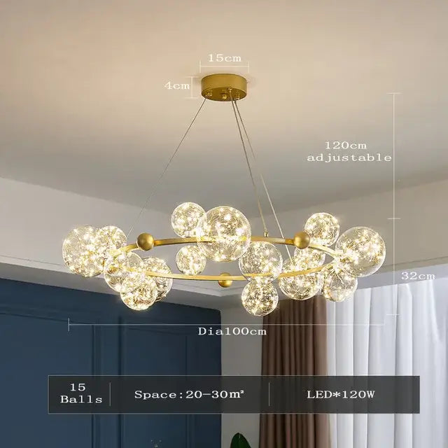 Modern gold decorbites glass ball chandelier with 15 illuminated glass orbs on circular frame for dining room lighting
