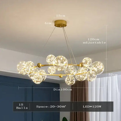 Modern gold decorbites glass ball chandelier with 15 illuminated glass orbs on circular frame for dining room lighting