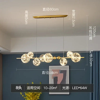 Modern gold decorbites glass ball chandelier with eight spherical glass bulbs on a horizontal bar for dining room