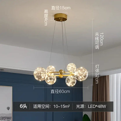 Modern gold decorbites glass ball chandelier with six spherical bulbs for dining room lighting