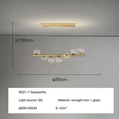 Modern gold decorbites glass ball g9 led chandelier with horizontal wrought iron bar and clear glass globe shades for dining room light