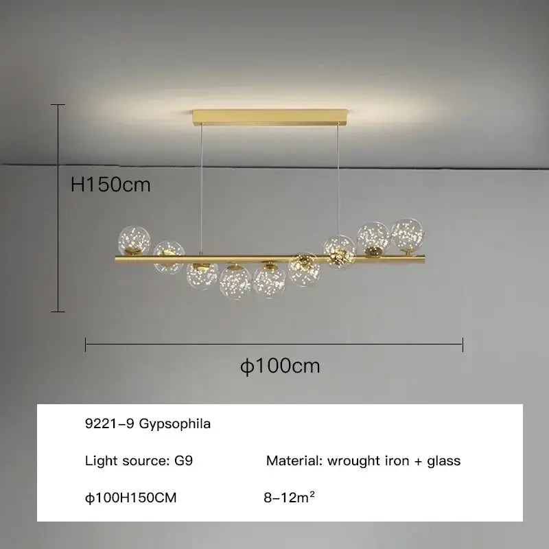 Modern gold decorbites glass ball g9 led chandelier with wrought iron bar and clear glass globe pendants for dining room light