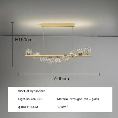 Modern gold decorbites glass ball g9 led chandelier with wrought iron bar and clear glass globe pendants for dining room light