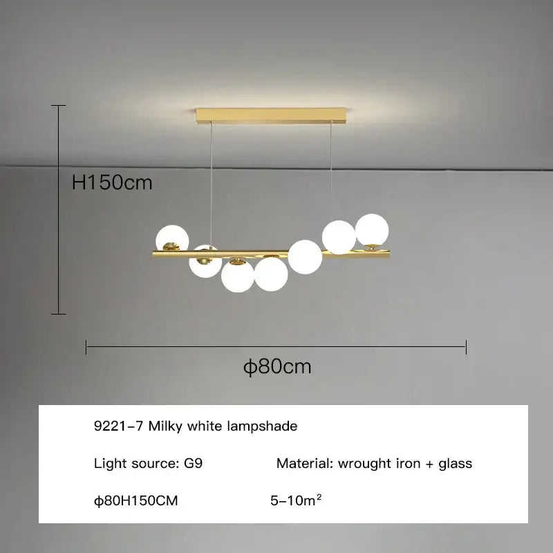 Modern gold decorbites glass balls chandelier pendant light with sleek wrought iron frame and milky white glass globes