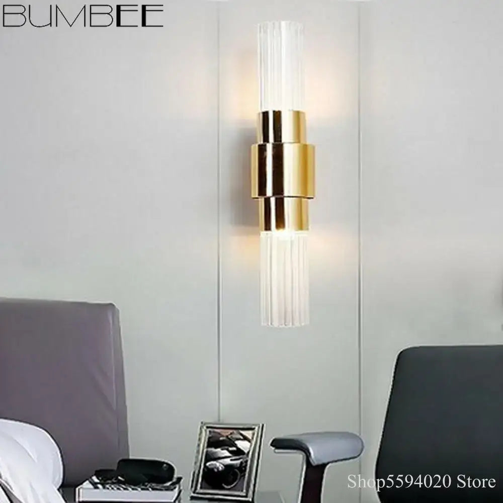 Bumbee modern gold decorbites iron glass living room wall sconce with stacked metal rings and ribbed glass panels