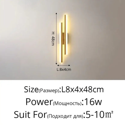 Modern gold decorbites led strip wall lamp with two vertical bars emitting warm ambient glow for bedroom sconce light