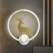 Modern gold deer mural led hoop wall sconce with a circular white frame and leafy gold deer antlers for living room lighting