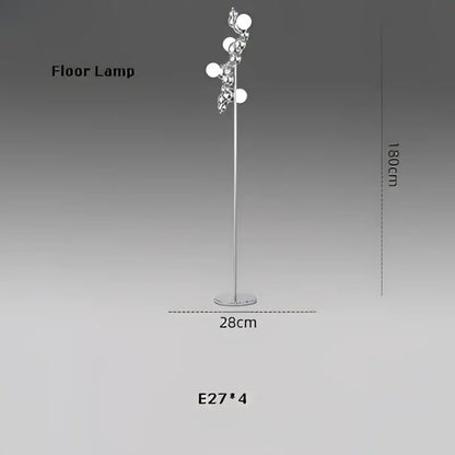 Silver metallic floor lamp with four white spherical bulbs in branching design by decorbites designer molecule chandelier
