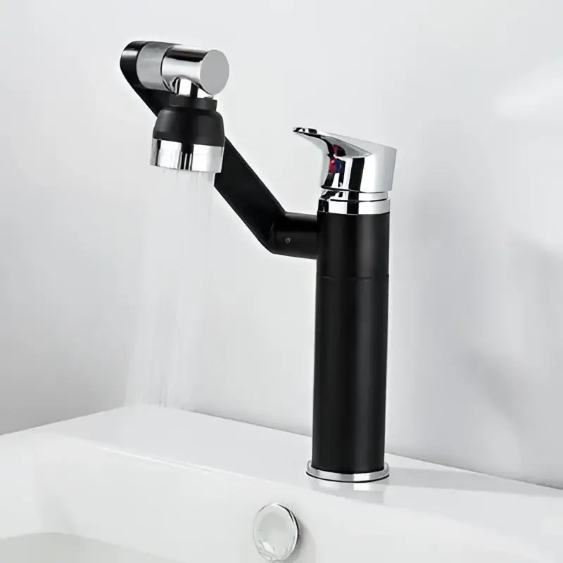 Modern gold detachable spray bathroom sink faucet in black and chrome with flexible articulated arm and water filter attachment