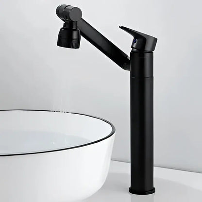 Modern gold bathroom sink faucet with a sleek black matte finish and an articulated pull-down spray head for bathroom sink use