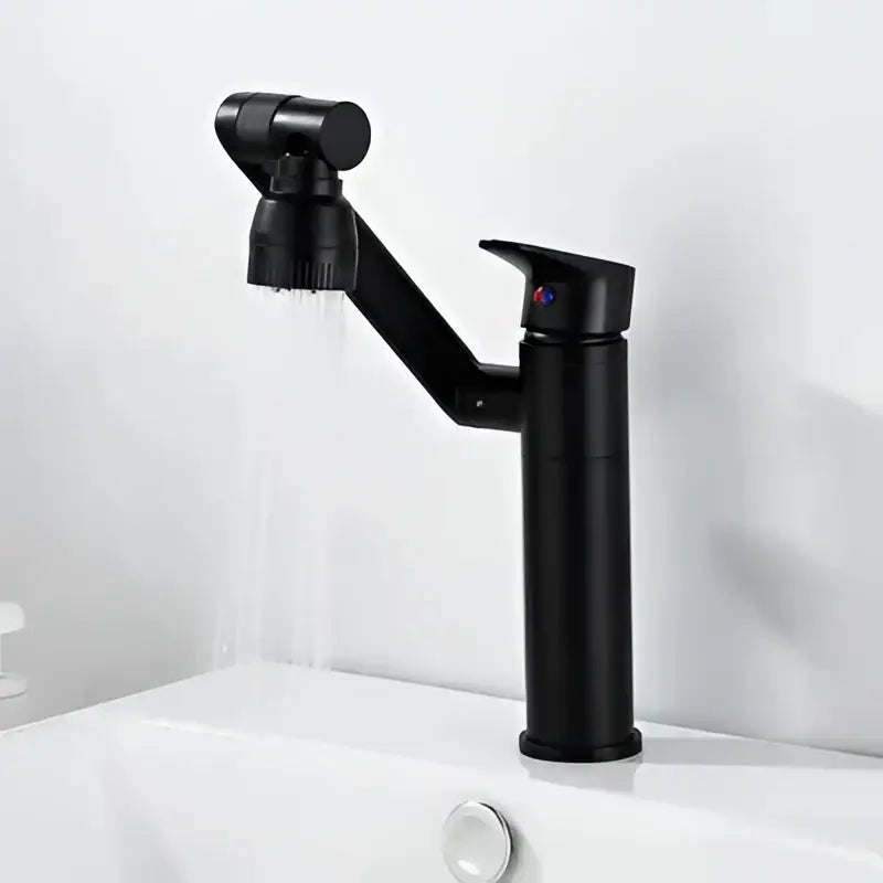Modern black matte bathroom sink faucet with sleek design and adjustable spray head for kitchen and bathroom use