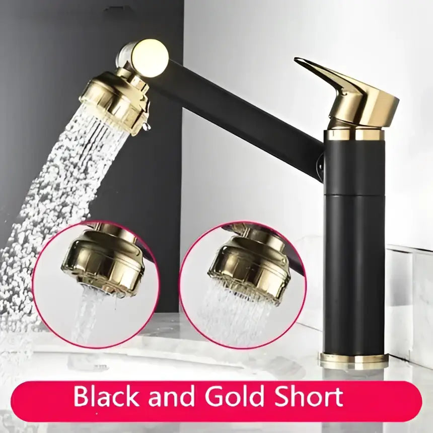 Modern gold detachable spray sink faucet with black and gold finish featuring a curved spout for bathroom sink faucet