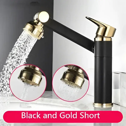 Modern gold detachable spray sink faucet with black and gold finish featuring a curved spout for bathroom sink faucet