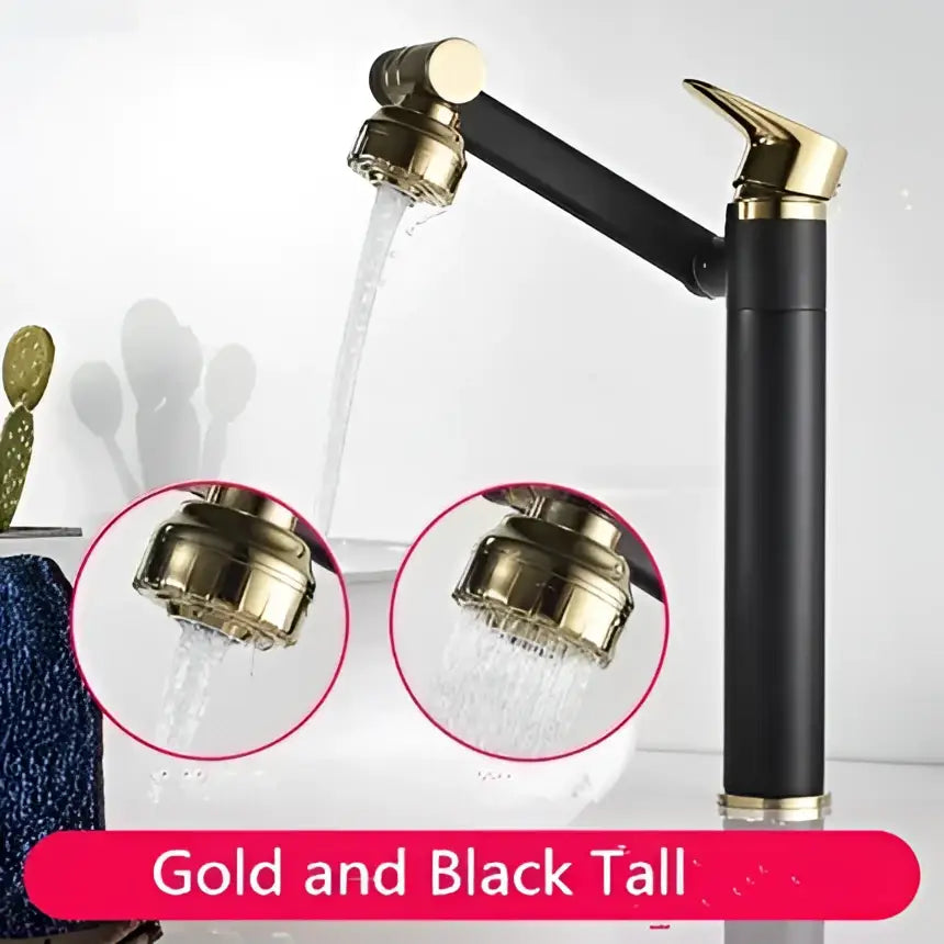 Modern gold and black tall bathroom sink faucet with a sleek curved spout and cylindrical body for kitchen or bathroom use
