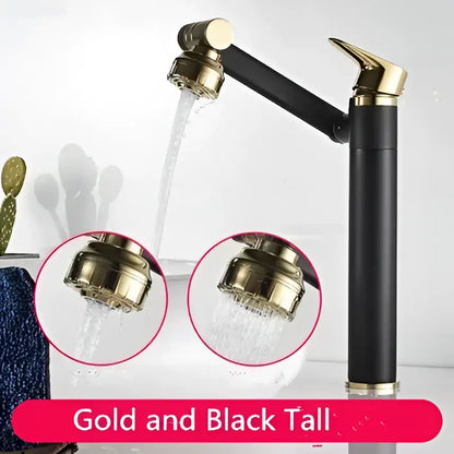 Modern gold and black tall bathroom sink faucet with a sleek curved spout and cylindrical body for kitchen or bathroom use
