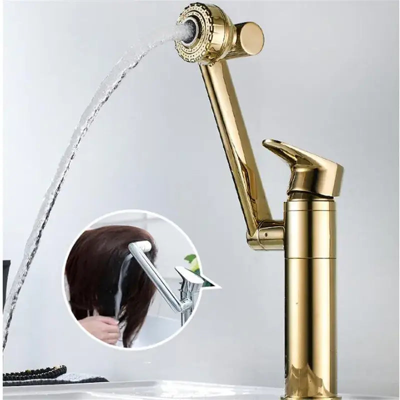 Modern gold detachable spray sink faucet with sleek design for bathroom sink faucet and kitchen use spraying water in arc