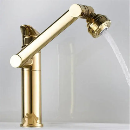 Modern gold bathroom sink faucet with sleek design and pull-out detachable spray head for kitchen and bathroom use