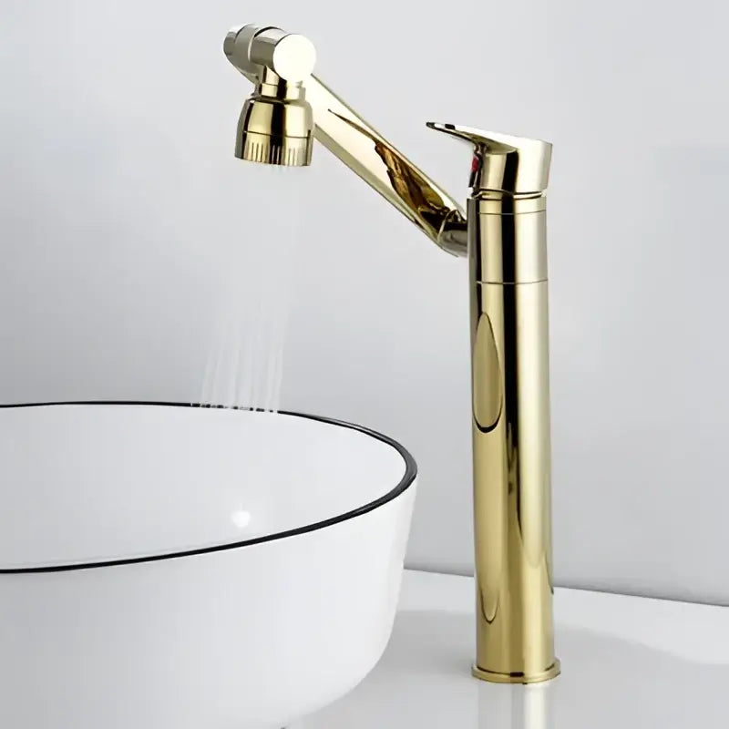 Modern gold detachable spray bathroom sink faucet with sleek tall cylindrical body and articulated spout for kitchen and bathroom sink