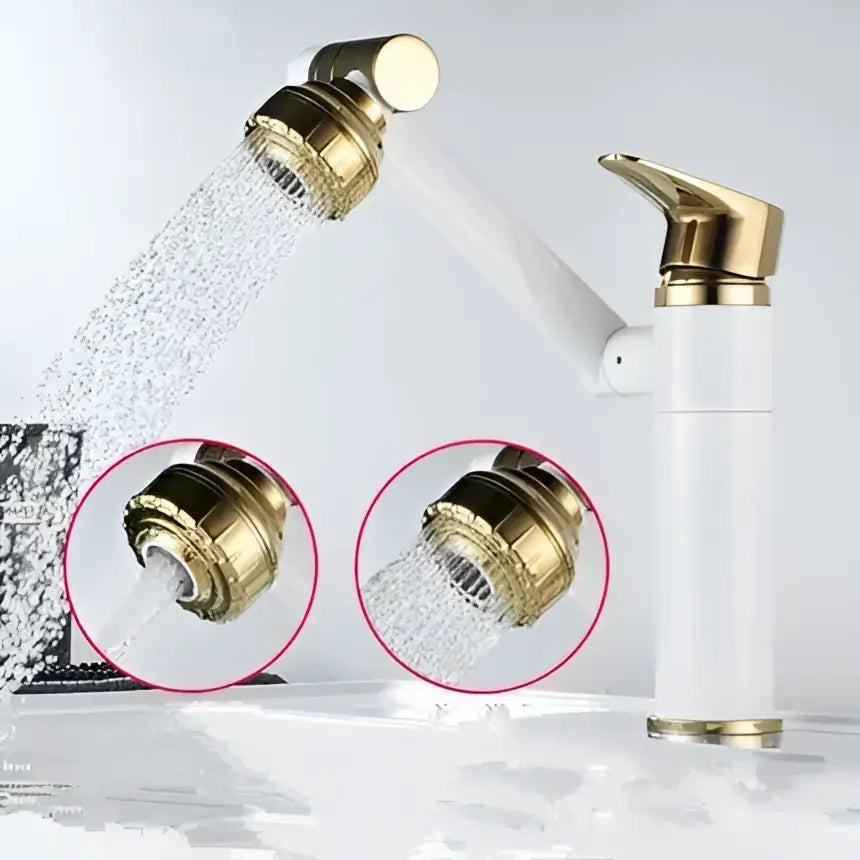 Modern gold detachable spray bathroom sink faucet with white and gold finish and sleek modern design for kitchen or bathroom sink
