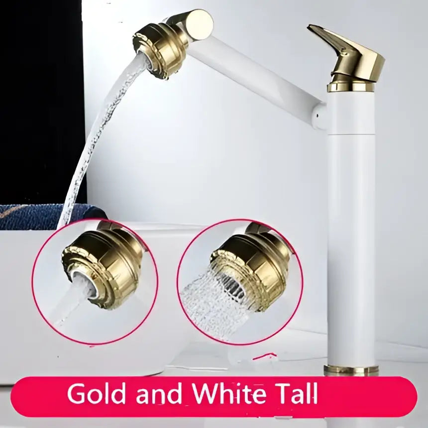 Modern gold detachable spray bathroom sink faucet with white tall design and brass accents on spout and handle