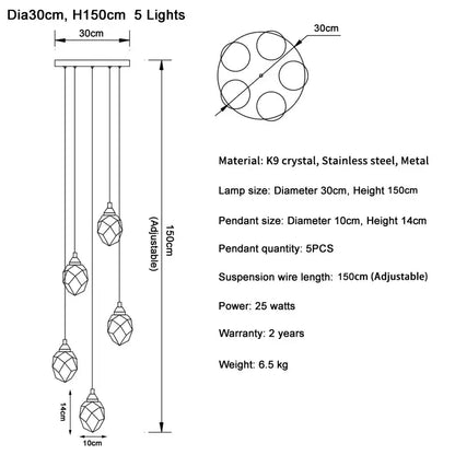 Elegant modern gold diamond crystal ball chandelier with five faceted k9 crystal ball pendants and stainless steel hardware