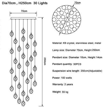 Elegant modern gold diamond crystal ball chandelier with 30 k9 crystal pendants and stainless steel frame, 70cm diameter
