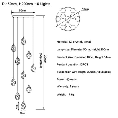 Modern gold diamond crystal ball chandelier with ten faceted k9 crystal pendants for dining room lighting