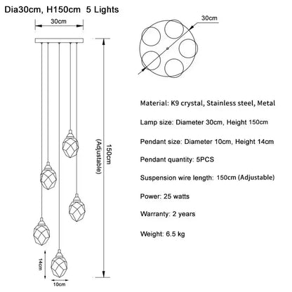 Modern gold diamond crystal ball chandelier with five faceted k9 crystal pendants and stainless steel hardware