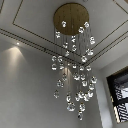 Modern gold diamond crystal ball chandelier with faceted clear crystals and circular base for living room lighting