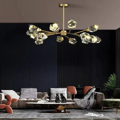 A modern gold diamond crystal brass pendant light with faceted glass shades for dining room illumination