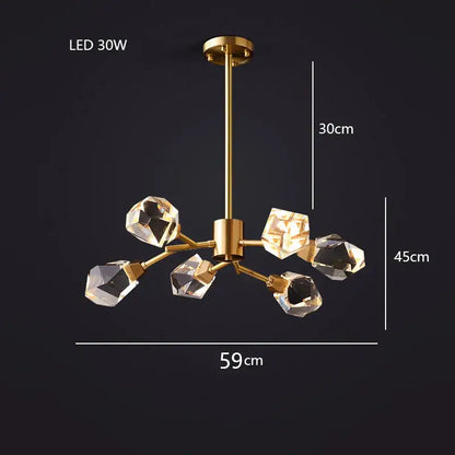 Modern gold diamond crystal brass pendant light with six faceted crystal brass led shades for dining room use