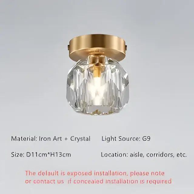 Modern gold diamond crystal ceiling light with faceted crystal globe and iron base for bedroom living room use