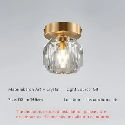 Modern gold diamond crystal ceiling light with faceted crystal globe and iron art base for bedroom or living room