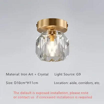 Modern gold diamond crystal ceiling lights featuring a gold-toned iron base and faceted crystal globe for living rooms