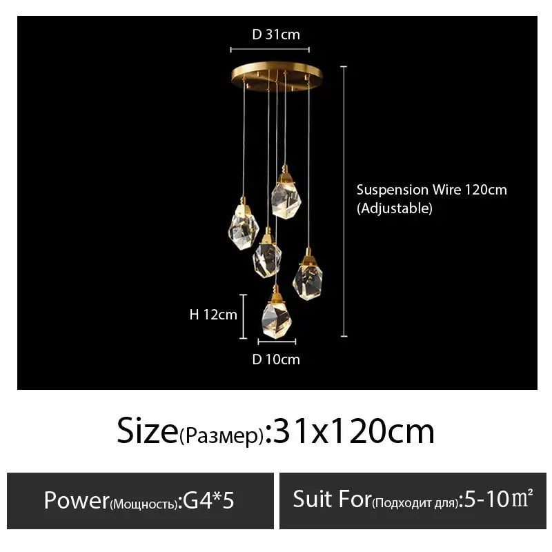A modern gold diamond crystal chandelier with five faceted crystal pendants on an adjustable 120cm wire for living room lighting