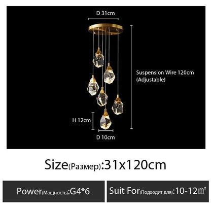 Modern gold diamond crystal chandelier with five faceted crystal pendants hanging from brass fixture for living room lighting