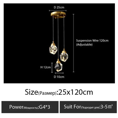 Modern gold diamond crystal chandelier with three faceted crystal globes suspended by adjustable wires for living room lighting