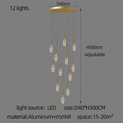 Modern gold diamond crystal chandelier with 12 crystal teardrop pendants on an aluminum circular base for living rooms