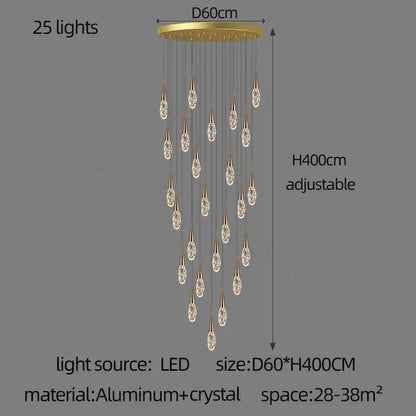 Modern gold diamond crystal chandelier with 25 teardrop pendants on aluminum base for elegant living space lighting