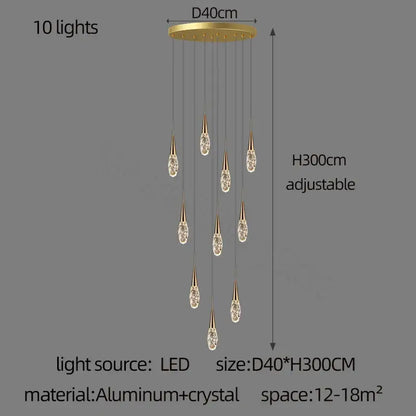 Modern gold diamond crystal chandelier with ten crystal teardrop pendants on an aluminum circular base for living rooms
