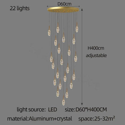 Modern gold diamond crystal chandelier with 22 teardrop pendants on aluminum base for elegant living space lighting