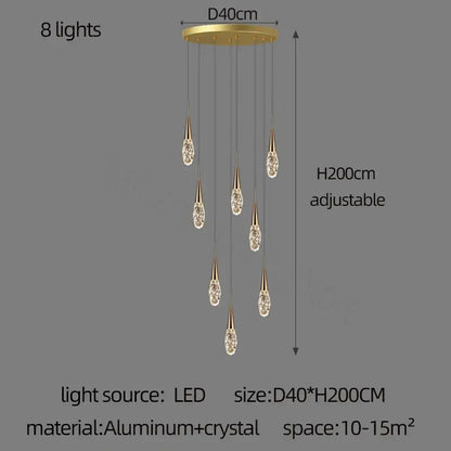 Modern gold diamond crystal chandelier with eight dangling crystal teardrop pendants on aluminum base for living room