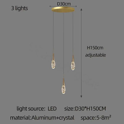 Modern gold diamond crystal chandelier with three teardrop lights suspended from an aluminum base for living space