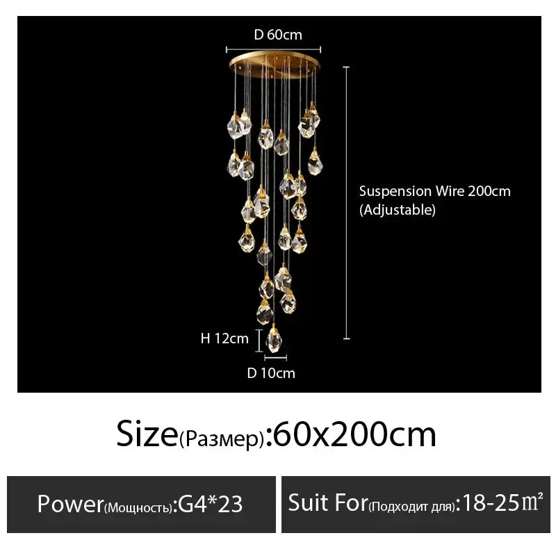 Elegant gold diamond crystal chandelier with cascading clear crystal droplets from circular brass fixture for living room staircase light