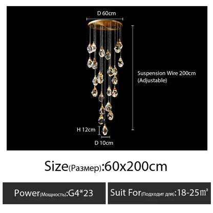 Elegant gold diamond crystal chandelier with cascading clear crystal droplets from circular brass fixture for living room staircase light