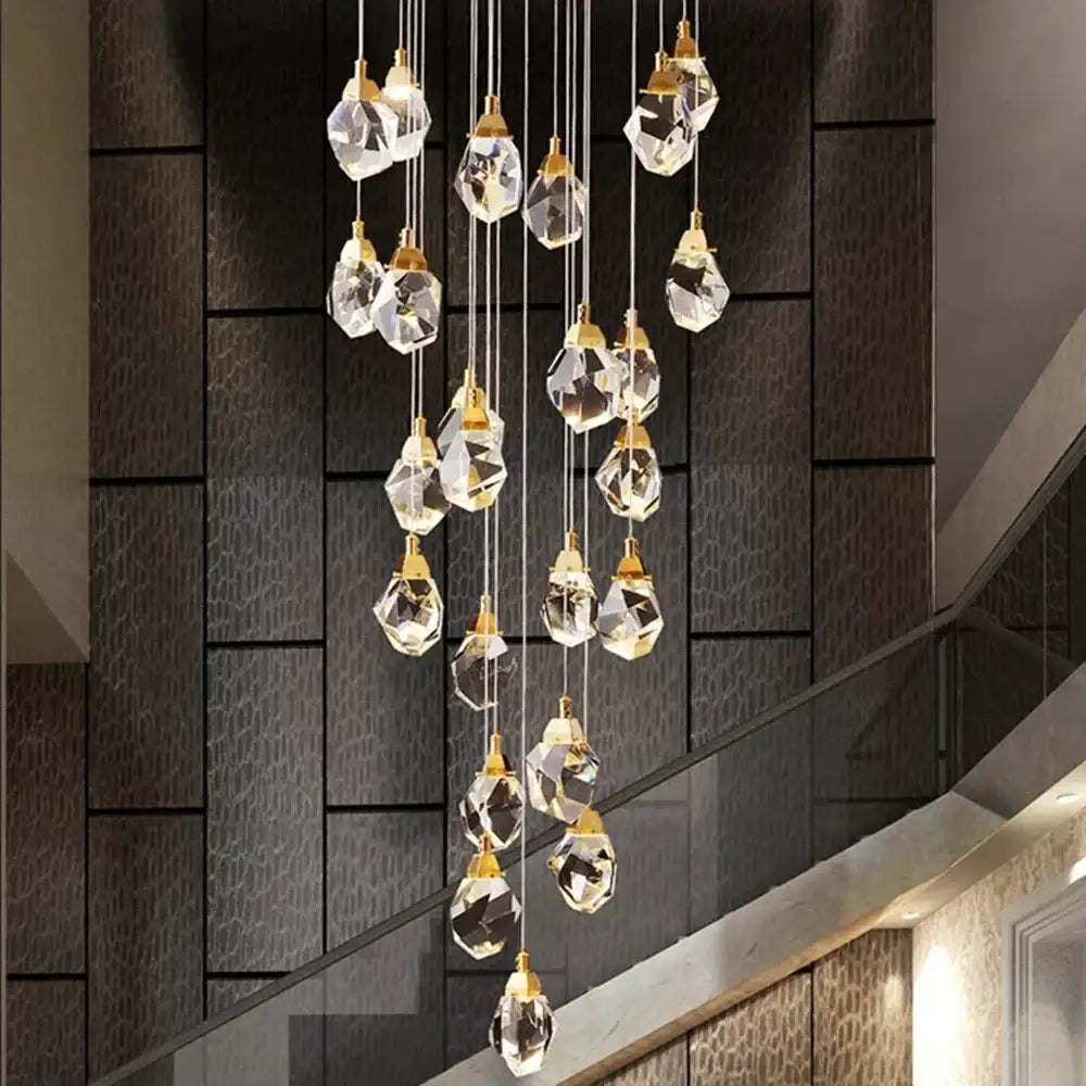 Modern gold diamond crystal chandelier with faceted clear glass pendants and gold-toned metal fixtures for living room staircase lighting