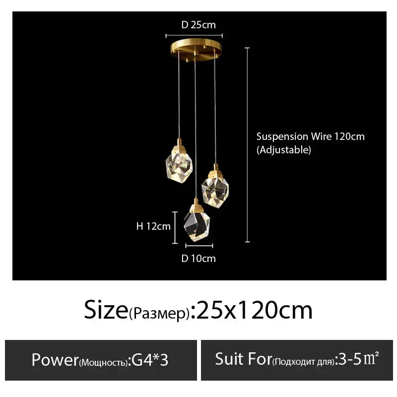 Modern gold diamond crystal chandelier with three faceted globes suspended by adjustable wires for living room staircase lighting