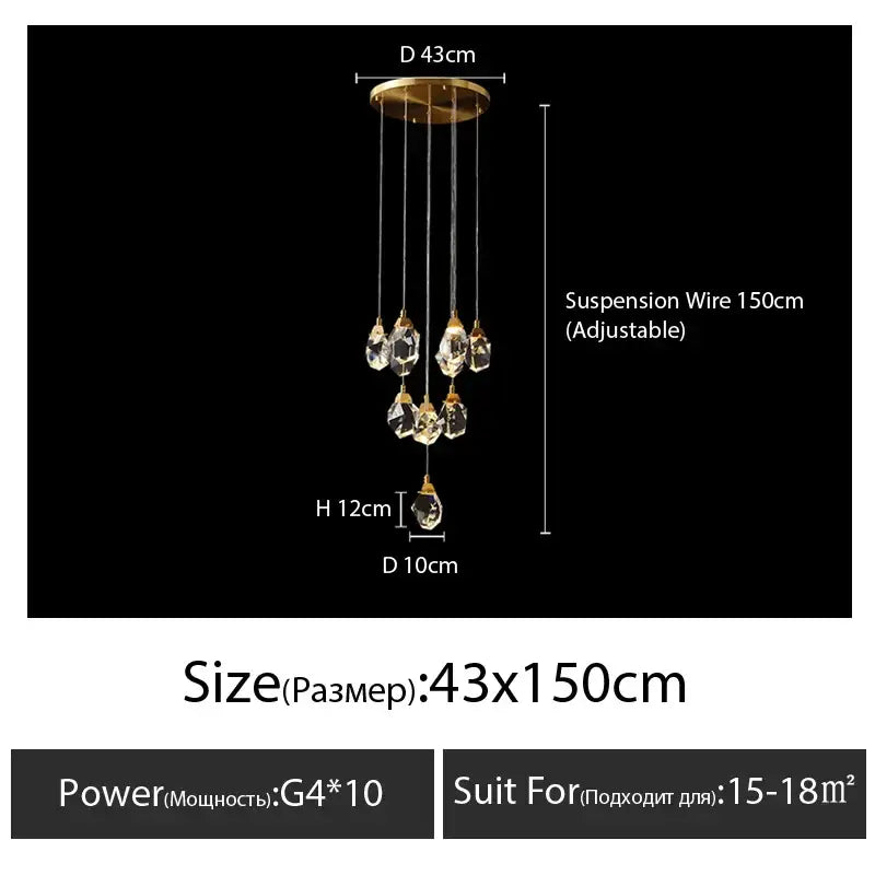 Modern gold diamond crystal chandelier with dangling crystal droplets suspended by adjustable wires for living room lighting