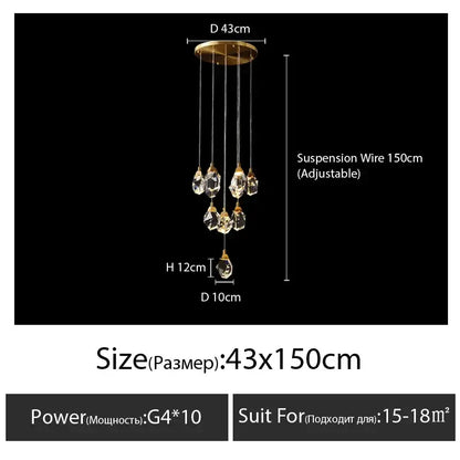 Modern gold diamond crystal chandelier with dangling crystal droplets suspended by adjustable wires for living room lighting