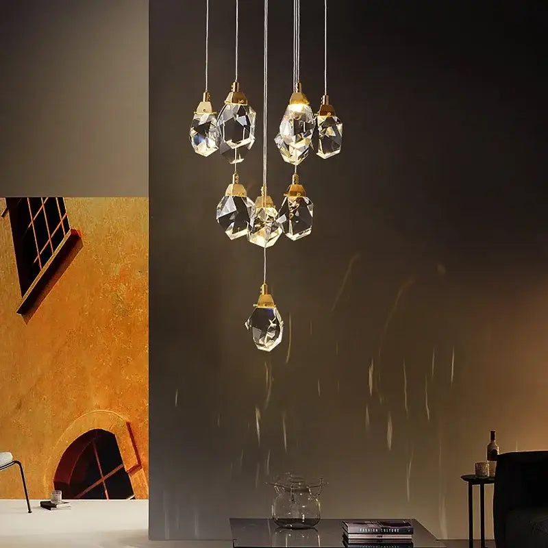 Modern gold diamond crystal chandelier with faceted clear glass pendants for crystal chandelier staircase led lighting